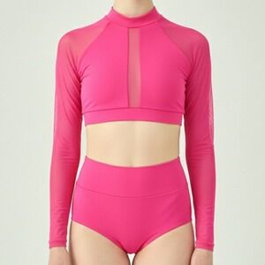 Baltogs Pink High Neck Mesh Long Sleeve Crop Top High Waisted Briefs Dance Set